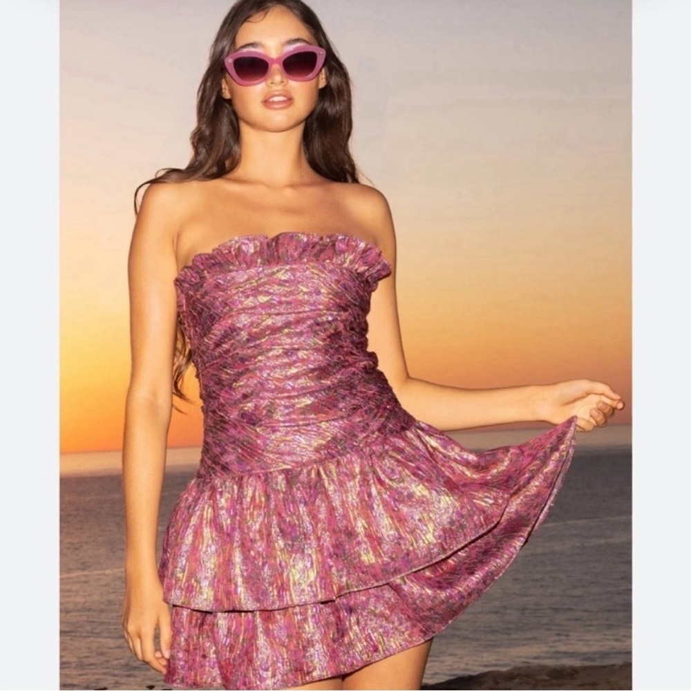 LoveShackFancy Acelin Mini Dress Pink Ruffles Party Going Out Strapless Metallic